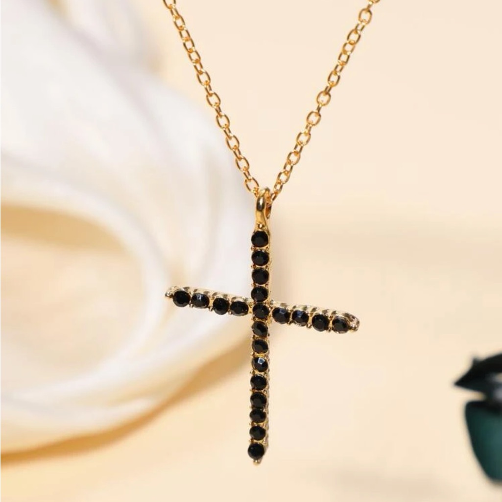 Rhinestone Cross Pendant Necklace Nwt Black